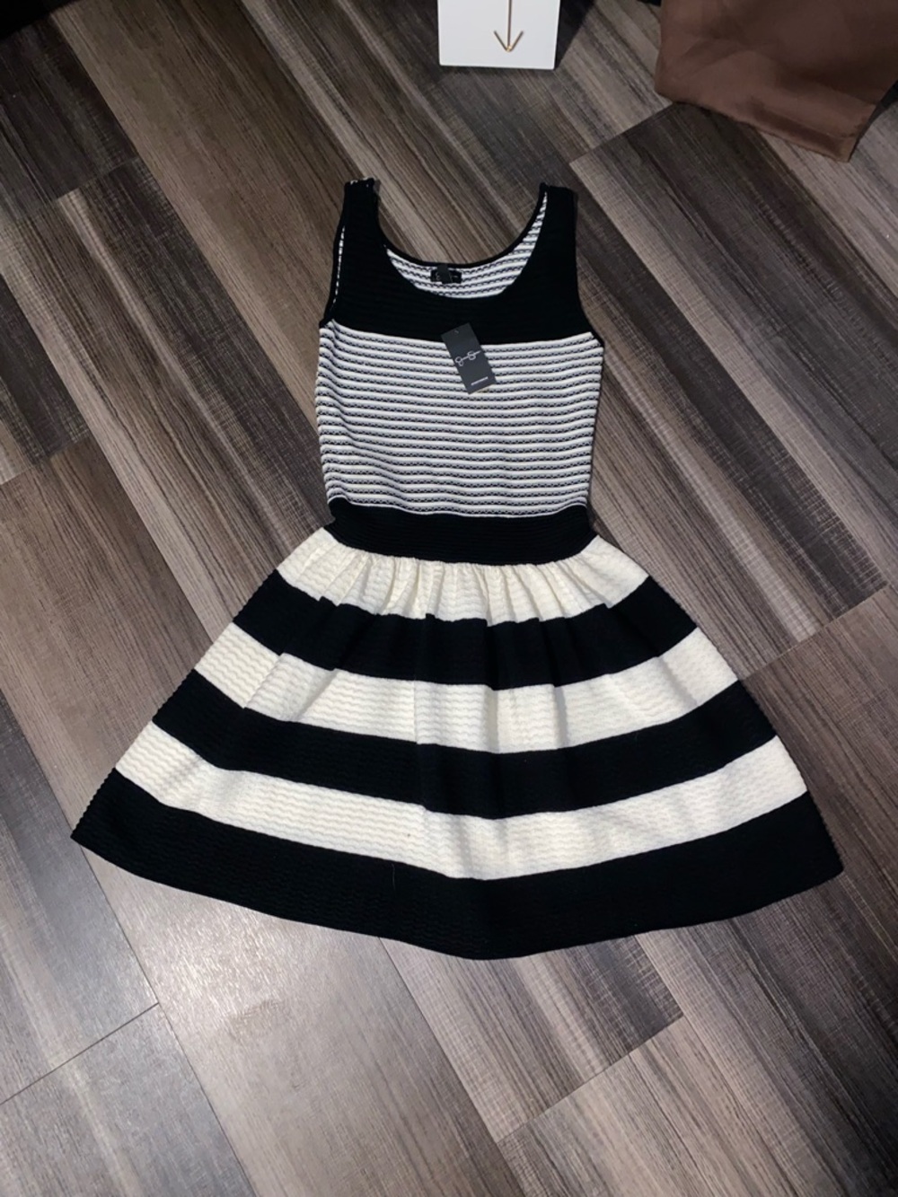 Jessica Simpson Black and White Striped Fit-and-Flare Dress